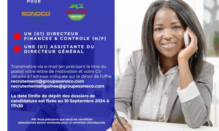 UN (01) DIRECTEUR FINANCES & CONTROLE (H/F) / UNE (01) ASSISTANTE DU DIRECTEUR GÉNÉRAL